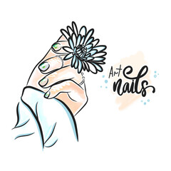 Spring manicure with chamomile, trendy nail design, doodle