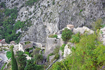 stone carved stairs to the upper part of the San Giovani Fortress walls above the old adriatic town of Kotor, Montenegro
