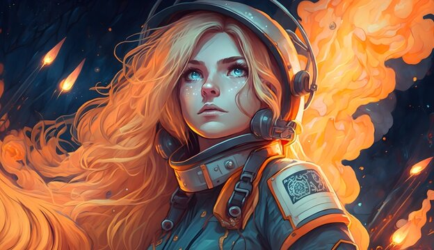 Female firefighter surrounded by flames in cosmic atmosphere. Created with generative ai.