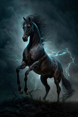 Obraz na płótnie Canvas A horse that stands on its hind legs. Storm. Lightning. Generative AI