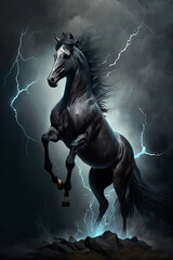 Obraz na płótnie Canvas A horse that stands on its hind legs. Storm. Lightning. Generative AI