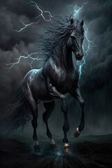 Naklejka na ściany i meble A horse that stands on its hind legs. Storm. Lightning. Generative AI