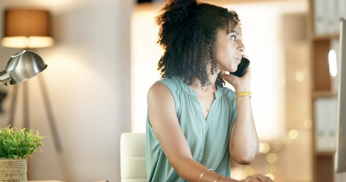 Phone call, answer and woman in office for business communication, client feedback or employee job at night. Professional biracial person talking on cellphone or smartphone for contact us information