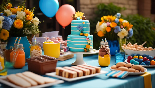 Birthday Delight: A beautifully decorated table filled with sweet treats, colorful balloons, and festive - ai generated
