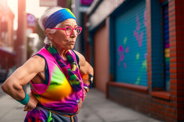 Mature little old lady wearing colorful workout clothes for physical and fun exercise. generative AI