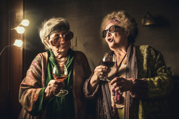 Two cute old ladies drinking wine and having fun together. generative AI