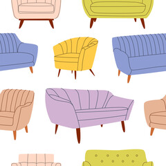 Vector seamless pattern with comfortable upholstered chairs, sofas. Endless texture with repeating print. Isolated hand-drawn furniture design on a white background.