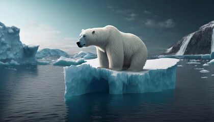 Naklejka na ściany i meble White polar bear sad about global warming and melting glaciers. Climate problem. Pollution concept. Climate warming. Ai generatives.