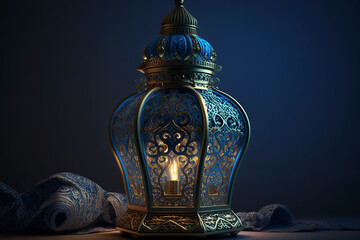 Ramadan and traditional islamic decoration background. Ramadan and Eid-Ul-Adha concept design celebration. Lamp with candle. Ai generated art