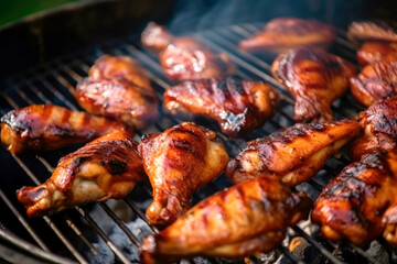 Grilled chicken wings on grill grate with fire. Close-up view. Summer picnic outdoors. Created with Generative AI technology.