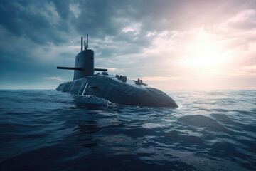 Nuclear submarine surfaced in the ocean. Created with Generative AI technology.
