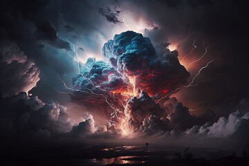 Fototapeta na wymiar Dramatic Storm clouds with lightning strikes and dark atmosphere. Giant Storm with heavy dark skies and thunferstorm lightning strikes. Ai generated