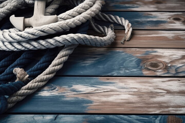 Fototapeta na wymiar Nautical background with ropes on a weathered deck. Travel and adventure concept. Created with Generative AI technology.