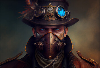 a man wearing a steampunk hat and a steampunk mask, fantasy art, steampunk. Generate Ai