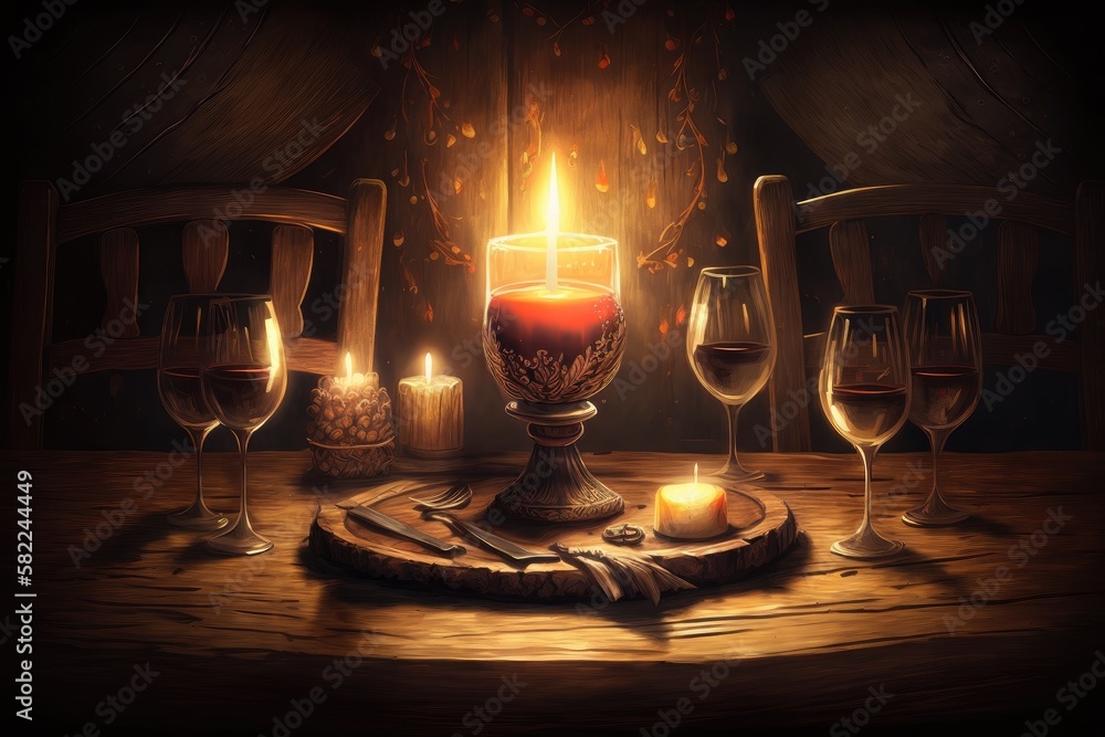 Wall mural a rustic wooden table with a candle in the center and red wine glasses, surrounded by flickering flames., created with generative ai