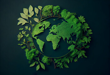 Environmentally friendly planet. Symbolic tree made from green leaves and branches with sketches map of the world. Minimal nature concept. Think Green. Ecology Concept. Top view. Flat lay. Generate Ai