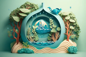 Paper art , Ecology and world water day , Saving water and world Environment day, environmental protection and save earth water. Generate Ai