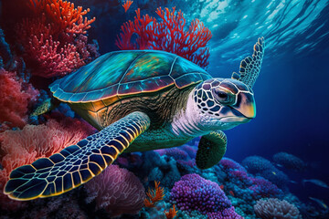Sea turtle swimming in the under sea , Beautiful Underwater and colorfull coral in wild nature of the Pacific Ocean. Generate Ai