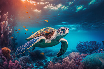 Fototapeta premium Sea turtle swimming in the under sea , Beautiful Underwater and colorfull coral in wild nature of the Pacific Ocean. Generate Ai