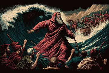 Fototapeta na wymiar Illustration of the Exodus of the bible, Moses crossing the Red Sea with the Israelites, escape from the Egyptians. Generate Ai