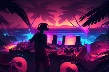 Dj throwing a party, full neon environment with only silhouettes of people watching. Generative AI
