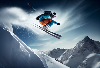 Naklejka na ściany i meble Winter Extreme athlete Sports ski jump on mountain. Generate Ai