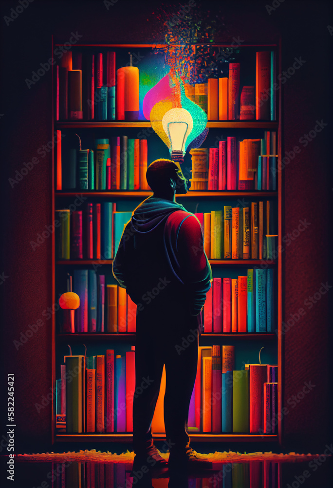 Poster man with book and lightbulb looking for knowledge on library with colorfull books. generate ai