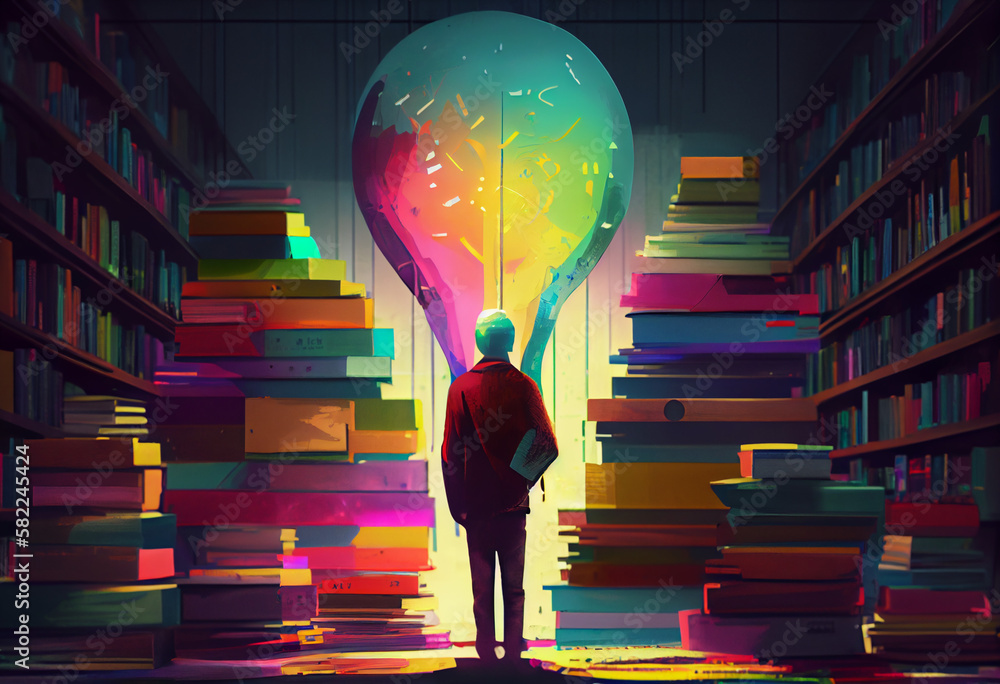 Poster man with book and lightbulb looking for knowledge on library with colorfull books. generate ai