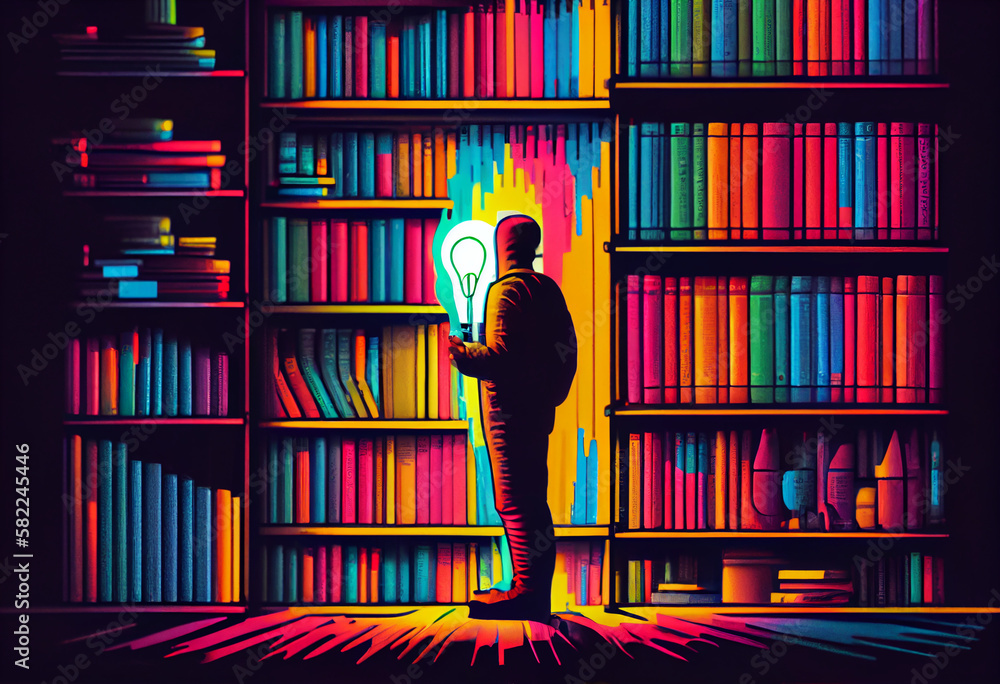 Poster man with book and lightbulb looking for knowledge on library with colorfull books. generate ai