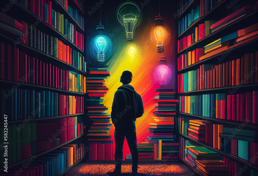 Poster man with book and lightbulb looking for knowledge on library with colorfull books. generate ai