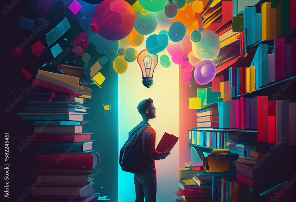 Poster man with book and lightbulb looking for knowledge on library with colorfull books. generate ai