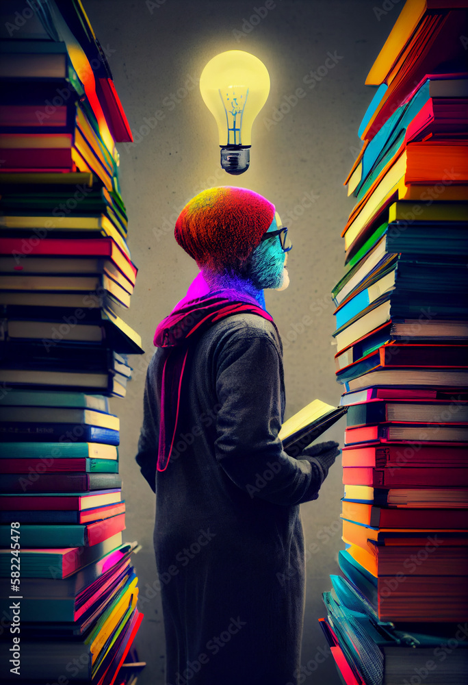 Poster man with book and lightbulb looking for knowledge on library with colorfull books. generate ai