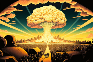 atomic bomb explodes and destroys humanity, war, peace, hate, racism, love, avoid