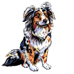 Fototapeta premium Color sketch of dog black-white-copper tricolor Australian Shepherd breed, Aussie or little blue dog