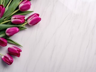 Pink Tulips on White Marble Background. generative AI illustration