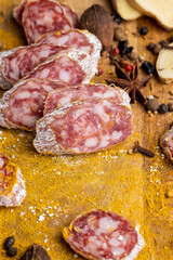 Dried pork sausage with white mold and spices