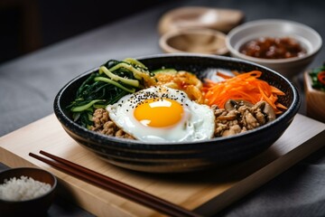 Still life, a plate of Korean bibimbap with an egg yolk in the center. Generative AI