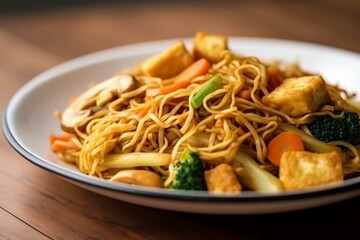 Still life, a dish of crispy stir-fried noodles with vegetables and tofu. Generative AI