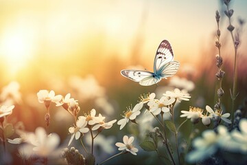 Beautiful white spring flowers and a fly butterfly against a sunny evening sky are depicted in an art spring floral landscape. Generative AI - obrazy, fototapety, plakaty