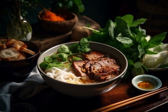 Still life, a bowl of Vietnamese bun cha with grilled pork and noodles. Generative AI
