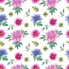 Fototapete Tropische Pflanzen Seamless pattern of pink and blue flowers, green leaves. Watercolor illustration.