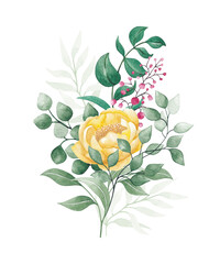 Watercolor flower bouquet - green leaves, yellow flowers, leaf branches. Wedding invitation stationery wallpaper trendy prints. Eucalyptus, olive, rose, peony.