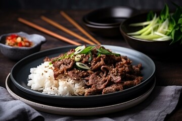 Still life, a plate of Korean bulgogi with marinated beef and rice. Generative AI