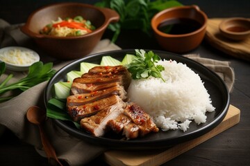 Still life, a platter of Vietnamese grilled lemongrass pork chops with rice. Generative AI
