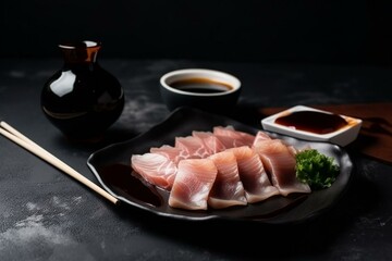 Still life, a platter of Japanese sashimi with soy sauce and wasabi. Generative AI