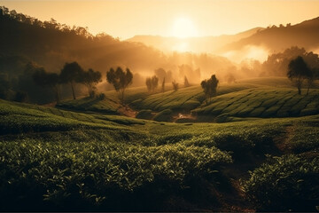 Obraz premium Green Tea Plantation at Sunrise with Tea Plants in the shining rays of the sun. Chinese Green Tea Landscape. Ai generated