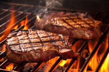 Grilled meat, steaks on the grill with fire. Barbecue party. Generative AI