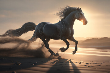 Beautiful Horse running on a beach at sunset. Stallion Running on the beach splashing waves at sunrise. Ai generated