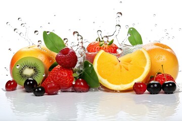 Fruits and berries on a white background in water drops. Generative AI