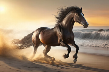 Beautiful Horse running on a beach at sunset. Stallion Running on the beach splashing waves at sunrise. Ai generated